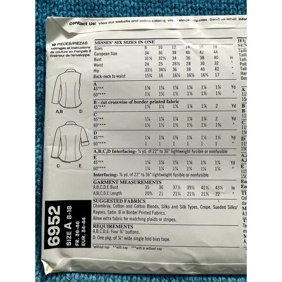 Simplicity 6952 Sewing pattern button down blouse 3/4 length sleeve size 8-18 - Picture 4 of 5